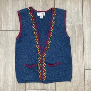 Vintage Petite Sophisticate Sweater Vest Womens P Blue Beaded Boho Western 90s